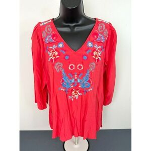 Andree by Unit Women's V-Neck 3/4 Sleeve Embroidered Tunic Top Boho Red Sz Small